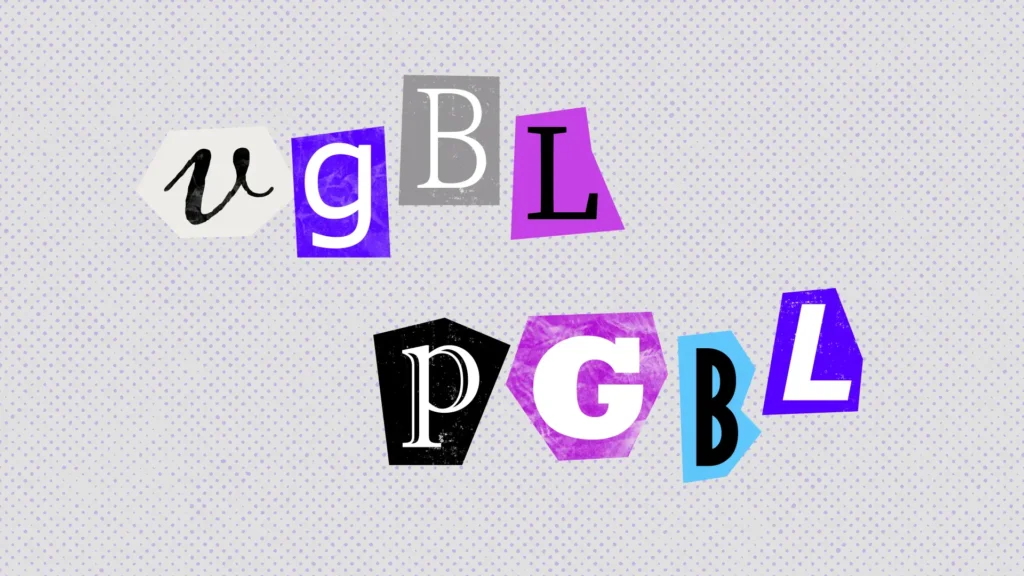 Imagem de colagem com letras estilizadas em formas geométricas e cores variadas em um fundo cinza-claro com pontos roxos para ilustrar reportagem sobre PGBL e VGBL