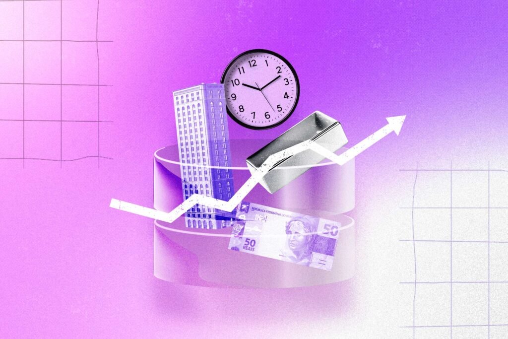 Ilustração conceitual sobre investimentos e mercado financeiro, com gráfico de alta em seta branca, relógio analógico, edifício corporativo, barra metálica e nota de 50 reais, dispostos sobre bases circulares. Fundo roxo com grades sugere tempo, crescimento econômico, renda, ativos financeiros e planejamento de longo prazo.