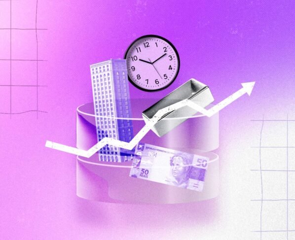 Ilustração conceitual sobre investimentos e mercado financeiro, com gráfico de alta em seta branca, relógio analógico, edifício corporativo, barra metálica e nota de 50 reais, dispostos sobre bases circulares. Fundo roxo com grades sugere tempo, crescimento econômico, renda, ativos financeiros e planejamento de longo prazo.