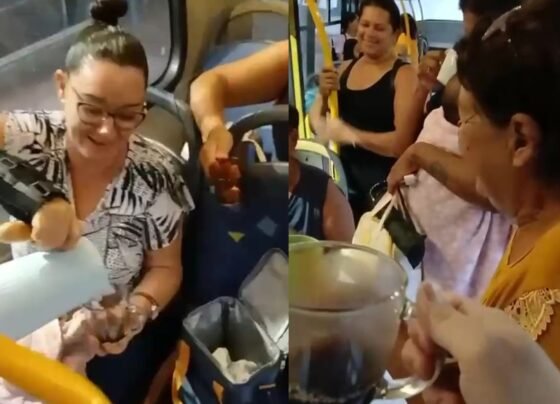 Keila Mari de Oliveira serve café da manhã para passageiros durante trajeto da linha 310, em Sorriso. - Foto: Reprodução