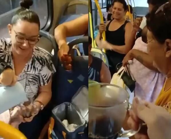 Keila Mari de Oliveira serve café da manhã para passageiros durante trajeto da linha 310, em Sorriso. - Foto: Reprodução