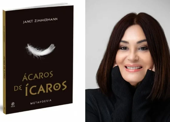 Livro "Ácaros de Ícaros", ao lado da autora, Janet Zimmermann. (Foto: Divulgação/Arquivo Pessoal)